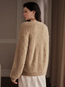 Anewsta Women's Brown Plush Comfortable Knit Cardigan Top For Autumn - Camel - View 2