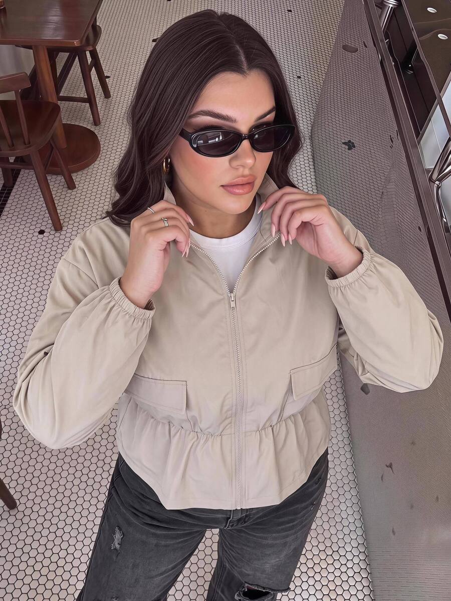 Solavibe Plus Size Zip Up Stand Collar Flap Pocket Drawstring Waist Peplum Jacket,Funnel Neck Jacket,Winter Jacket,College Outfit,Daily Commute - Khaki - View 1