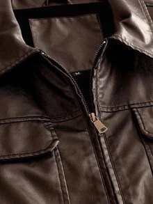 EASEVO Men's Plus Size Fashion Solid Color PU Leather Zipper Front Cargo Pocket Jacket , Beach Vacation Dark Brown Autumn Street Casual, Big And Tall Jacket - Brown - View 3