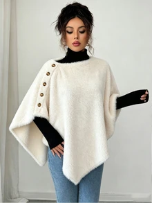 SHEIN Elenzya New Knit Plush Asymmetric Hemline With Decorative Buttons, Elegant Versatile Regular Fit Jacket For Women, Suitable For Commute And Daily Wear - Beige - View 5
