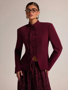 SHEIN BAE 女款純色青蛙鈕扣設計長袖中式西裝外套 - 酒紅色 - 查看 6