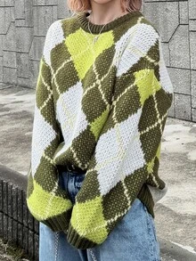 FRIFUL Women's Vintage Vacation Jacquard Long Sleeve Sweater, Fashionable And Versatile Fall Plaid - Khaki - View 5