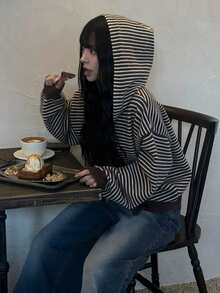 DAZY Women's Striped Drop Shoulder Long Sleeve Zip-Up Hooded Knit Cardigan - Brown - View 4