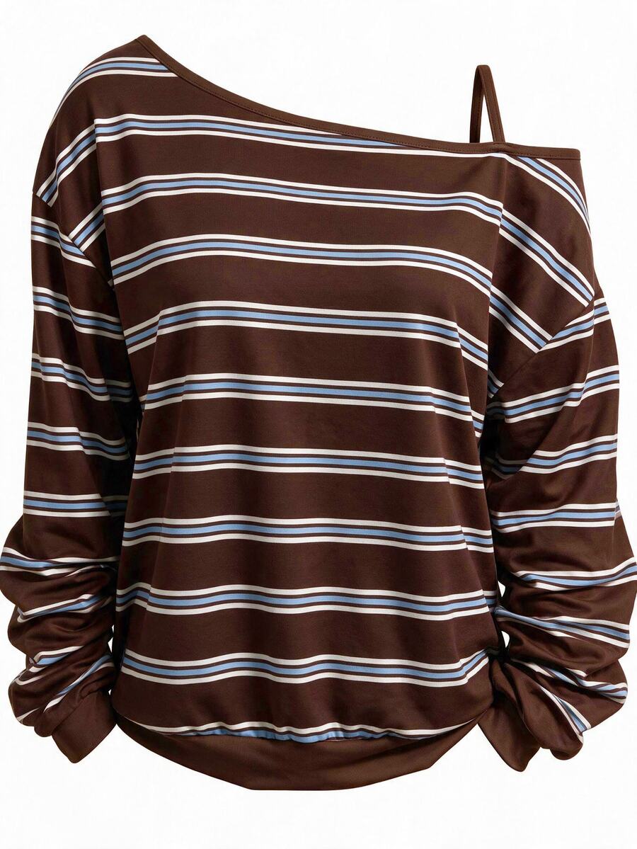 EMERY ROSE Women's Casual Vintage (70s Style) Minimalist Striped Print Brown Striped Plus Size Full-Width T-Shirt, Suitable For Back To School And Daily Autumn Wear - Multicolor - View 1