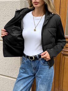 SHEIN LUNE 女款素色長袖前拉鍊休閒抽繩連帽冬季夾克 - 黑色 - 查看 7