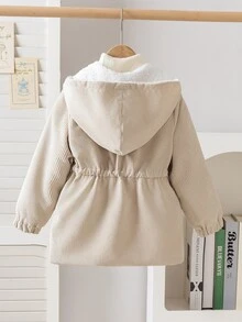 SHEIN Elladie kids 返校季女童幼童冬季新款 2026 復古卡其色燈芯絨布料保暖內裡拉鍊連帽上衣，收腰設計，適合冬季外出與通勤，百搭抓絨時尚夾克 - 卡其色 - 查看 3