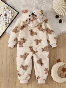Autumn/Winter Thermal Lined Double-Sided Plush Young Boy Jumpsuit, Cute Bear Print With Hat, Bear Embroidery Zipper Long Sleeve Long Hooded Jumpsuit Set, Loungewear - Multicolor - View 2