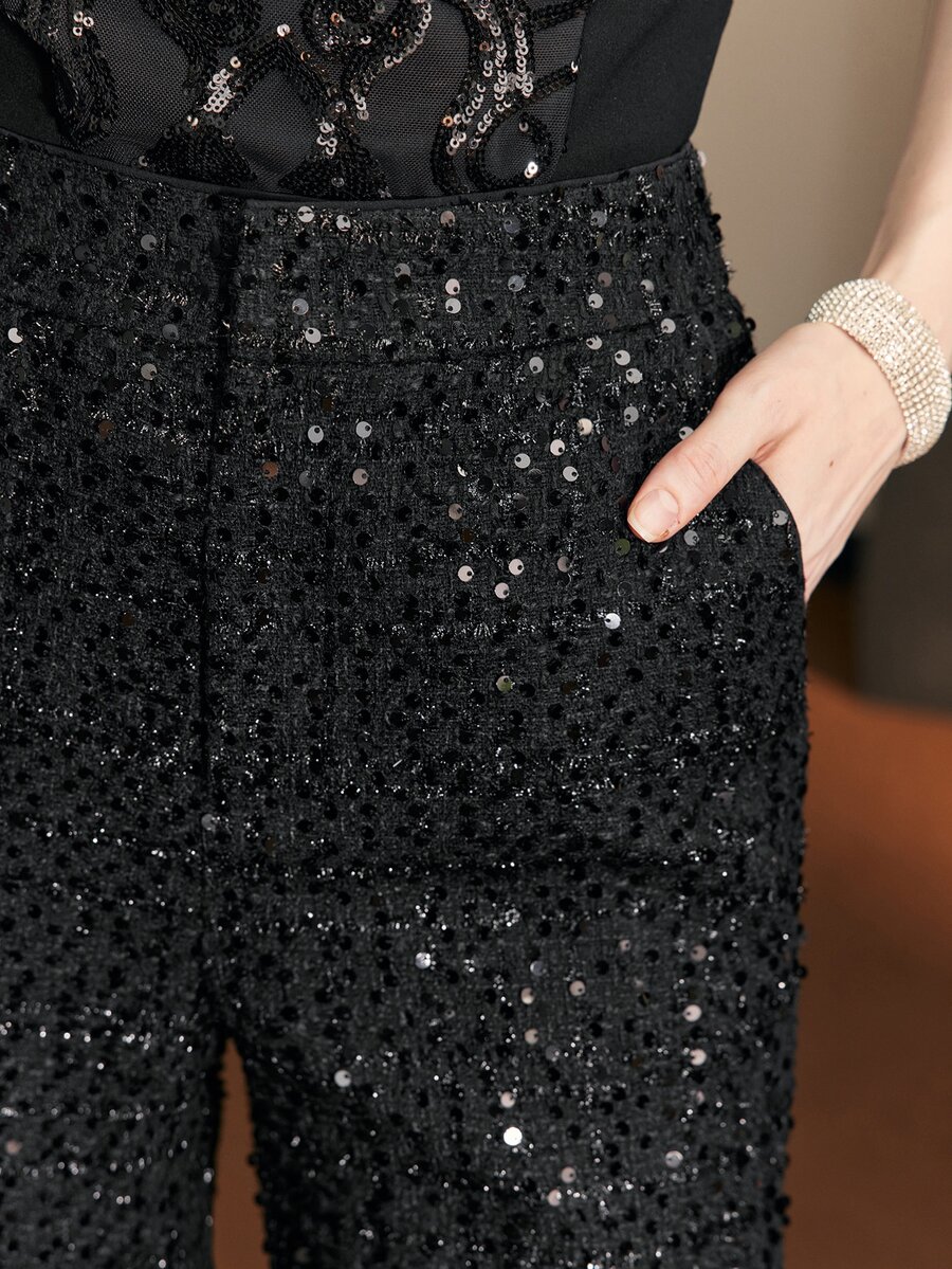 MOTF Tall WOMEN'S TALL AUTUMN/WINTER PARTY SEQUIN TWEED FLARE LEG SUIT PANTS - Black - View 2