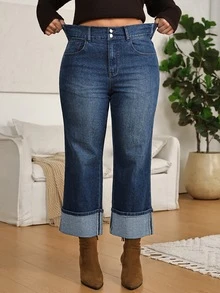 EMERY ROSE Plus Size Casual High-Waisted Straight-Leg Jeans, Comfort-Stretch Plus-Size Denim Pants,Cuffed Jeans,Weekend Outfit,Winter Outfit,Halloween,Christmas - Blue - View 5