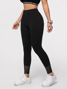 SHEIN Essnce Casual Elegant Plus Size Lace Patchwork Black Leggings Suitable For Autumn, Black Pants - Black - View 1