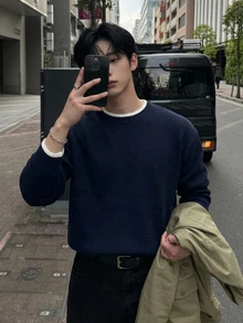 DAZY 男士秋季黑色 2 合 1 寬鬆圓領針織衫，附收口下擺 - 黑色 - 查看 7