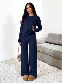 SHEIN PETITE 女款純色圓領長袖毛衣與長褲休閒常規套裝，秋冬款 - 藏蓝色 - 查看 8