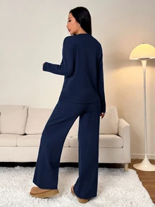 SHEIN PETITE 女款純色圓領長袖毛衣與長褲休閒常規套裝，秋冬款 - 藏蓝色 - 查看 3