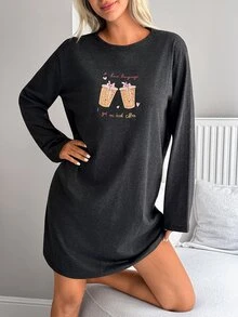 SHEIN Iced Coffee Graphic Grey Casual Relaxed Pajama Set - Grey - View 4