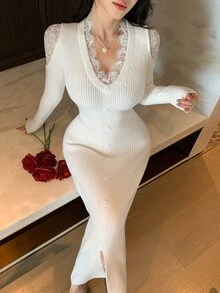 DAZY Autumn/Winter Lace V-Neck Design Fitted White Elegant Date Wedding Women Sweater Dress - Beige - View 1