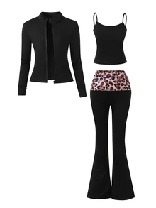 SHEIN Sparklyn 女童黑色豹紋3件套：立領夾克 + 吊帶背心 + 喇叭褲，完整日常穿搭。修身不緊身，溫柔優雅。適合學校、運動和與朋友出遊 - 黑色 - 查看 3