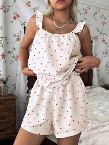 CottageSlumber Women's Red Polka Dot Print Camisole & Shorts Pajama Set, Summer Loungewear - Beige - View 7