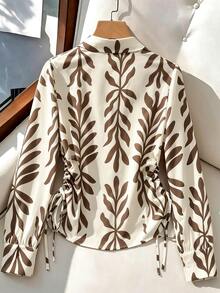 SHEIN Franclia Women's Autumn/Early Autumn Floral Pattern Side Waist Drawstring Casual Blouse - Khaki - View 2