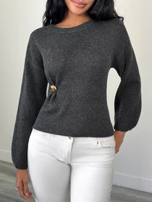 Elenzga Women's Solid Color Round Neck Dropped Shoulder Long Sleeve Side Waist Metal Decor Sweater - Black - View 3