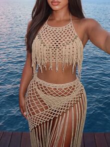 Swim SXY Women's Solid Color Tassel Design Hollow Out Casual Vacation Cover Up Skirt - Apricot - View 8