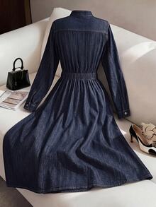 GlowEve CURVE Plus Size Autumn Casual Cinched Waist Denim Dress - Dark Wash - View 2
