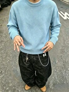 Claim Dot 男士純色圓領落肩長袖休閒百搭針織衫 - 藍色 - 查看 1