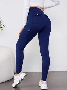 SHEIN 孕婦純色高腰工裝口袋休閒緊身褲 - 藏蓝色 - 查看 2