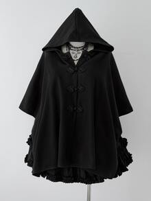 Sunspun Plus Size Women's Hooded Cape Coat With Frog Button Design, Wool Blend - Black - View 1