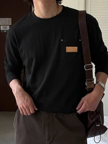 DAZY 男士長袖針織布料T恤，附胸前口袋與貼布設計，圓領，可作為底層穿著或外穿，適合春季/秋季 - 黑色 - 查看 5
