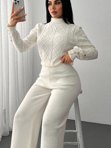 SHEIN Cable Knit Cropped Cardigan – Soft Chunky Button Front Cozy Sweater For Women - White - View 7