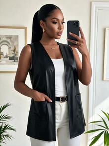 SHEIN Lady Plus Size Minimalist Versatile Pocket Jacket For Daily Wear - Black - View 3