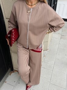 DAZY Autumn/Winter Solid Color Round Neck Textured Cardigan Jacket Paired With Loose Straight Leg Wide Leg Long Pants Casual Commute Daily Women Set - Coffee Brown - View 1