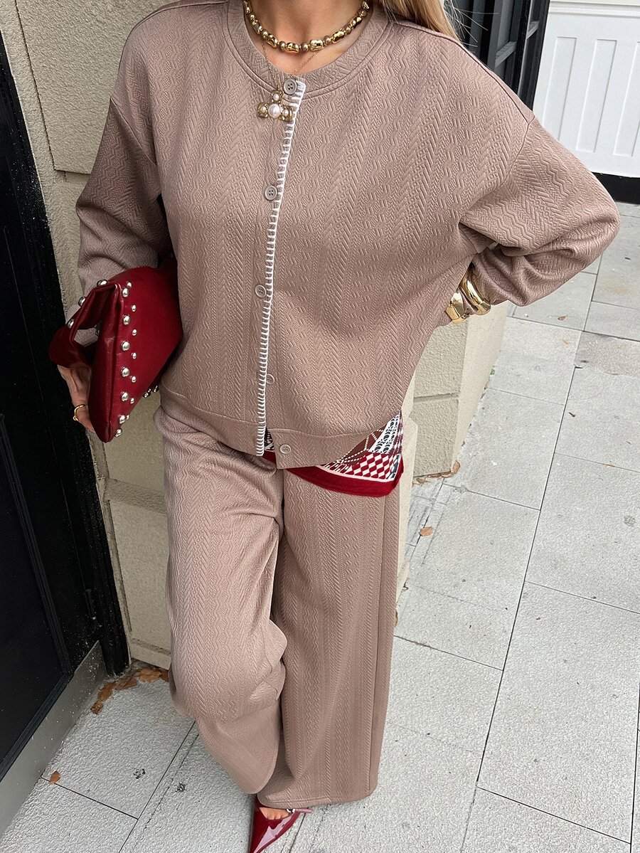 DAZY Autumn/Winter Solid Color Round Neck Textured Cardigan Jacket Paired With Loose Straight Leg Wide Leg Long Pants Casual Commute Daily Women Set - Coffee Brown - View 1