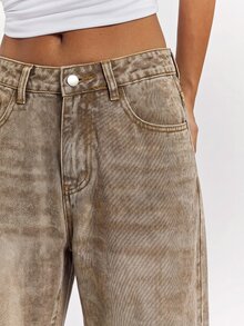 SHEIN BAE Women's Straight Leg Loose Casual Versatile Denim Jeans With Pockets, Fall Winter Outfits For Women, Khaki Jeans, Casual Versatile Low Ride Jeans. - Khaki - View 6