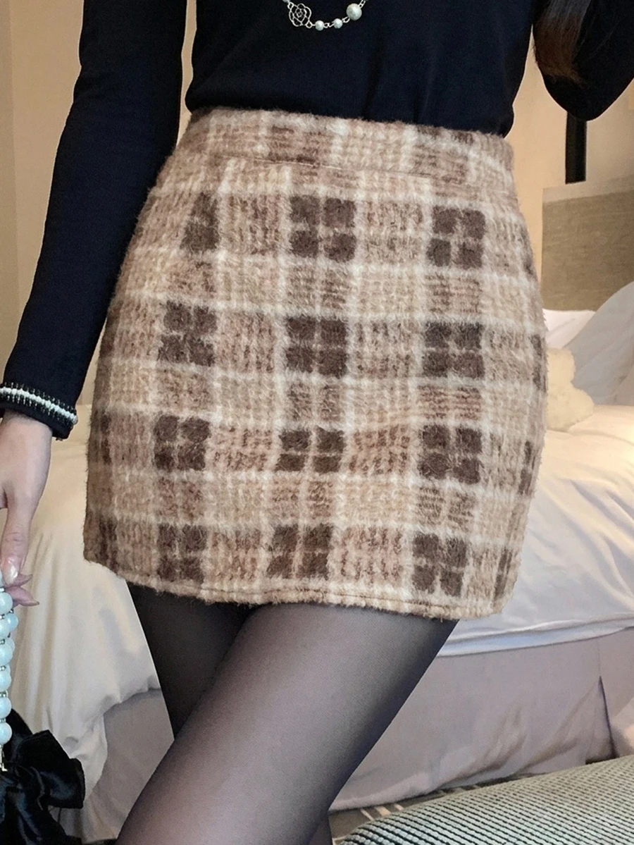 DAZY 秋冬格紋羊毛高腰緊身優雅宴會約會女款裙 - 卡其色 - 查看 1