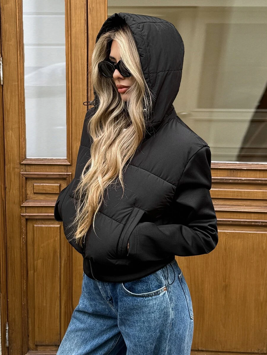 SHEIN LUNE Women's Solid Color Long Sleeve Zipper Front Casual Drawstring Hooded Winter Jacket - Black - View 1
