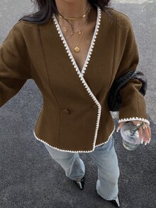 Siren Gaze Autumn/Winter Solid Color Double-Button Placket Coat, Contrast Color Shell Embroidery Jacket, Suitable For Daily Street Wear, Asymmetrical Collar, Coat, Autumn/Winter Casual Slim Fit Jacket, Winter Women, Winter Women's Clothing, Women's French Style Outwear - Brown - View 6