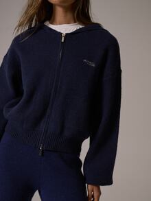 Musera Sport Logo Embroidered Zip Through Knitted Hooded Cropped Oversized Coord Sweatshirt Winter Fall Autumn Active Pilates Motion - Navy Blue - View 3