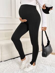 SHEIN Maternity Casual Versatile Solid Color High Waist Leggings - Black - View 1