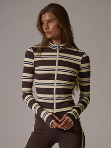 Musera Sport High Neck Striped Contrast Colour Zip Through Fitted BBL Active Jacket Butter Yellow Fall Winter Autumn Gym Pilates Fitness Daily Casual - Multicolor - View 1