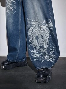 ROMWE MEN Casual 男士大尺碼休閒水洗十字印花彎腿牛仔褲 - 藍色 - 查看 6