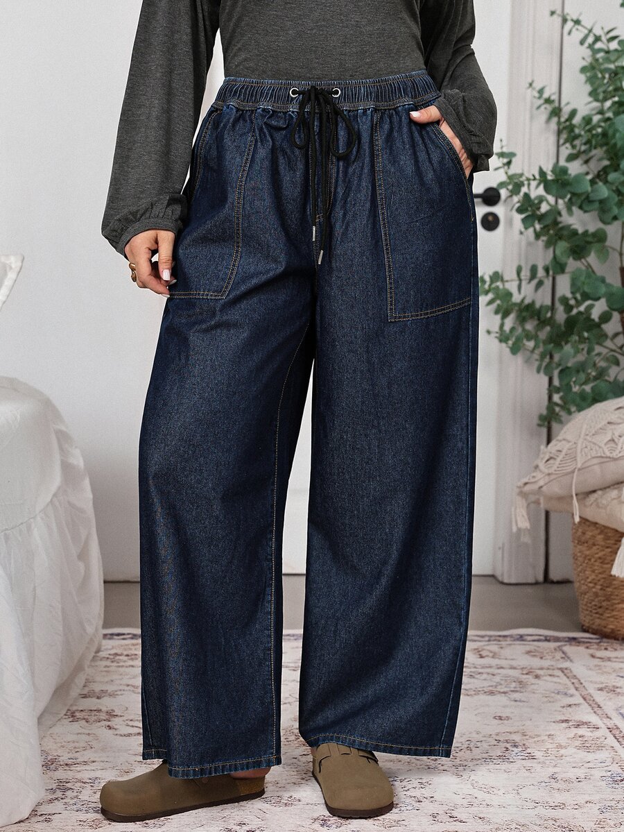 SHEIN LUNE Plus Size Women's Drawstring Waist Pocket Wide Leg Loose Casual Denim Jeans,Boho Chic,High Waist,Elegant ,Halloween,Christmas,Vacation,Country Pants - Blue - View 1