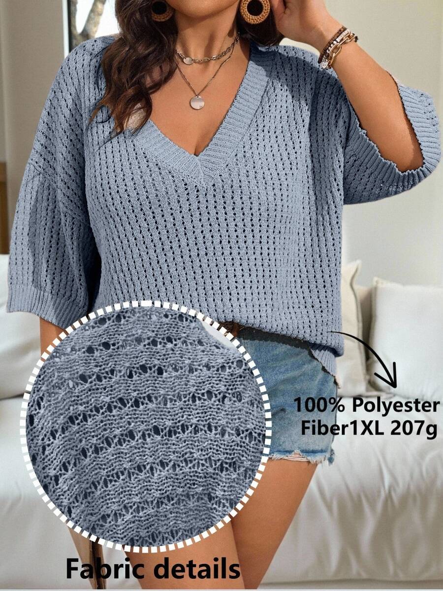 Vionelle Solid Color Loose Hollow Out Plus Size Pullover Sweater - Dusty Blue - View 1
