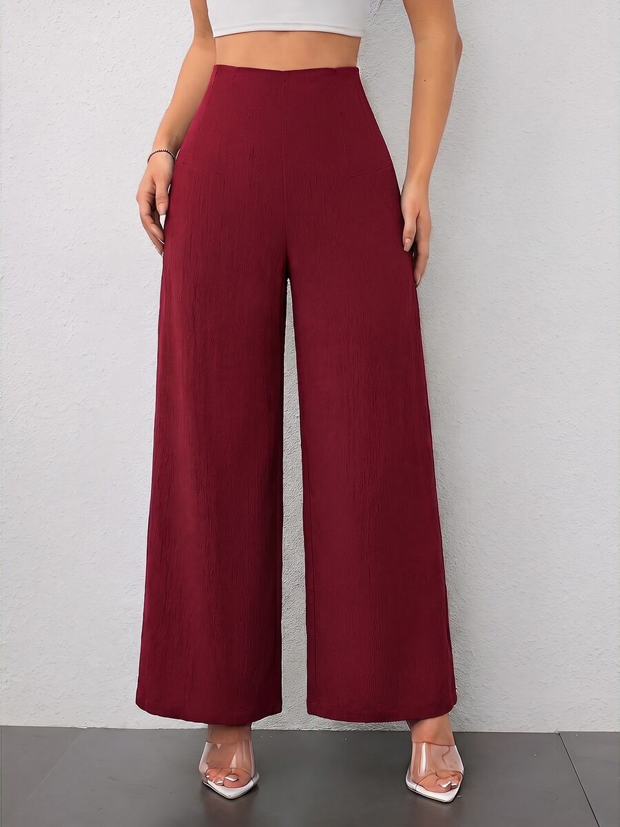 SHEIN PETITE 女款極簡休閒時尚返校季老錢風通勤高腰紋理寬腿褲 - 酒紅色 - 查看 1