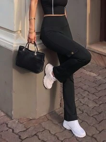SHEIN PariChic Women's Solid Color High Waist Cargo Pocket Sports Long Pants - Black - View 5