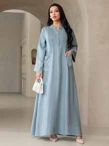 Veilorie فستان عربي للنساء بياقة V محززة وأكمام طويلة وتصميم جيب مطوي - أخضر - مشاهدة 5