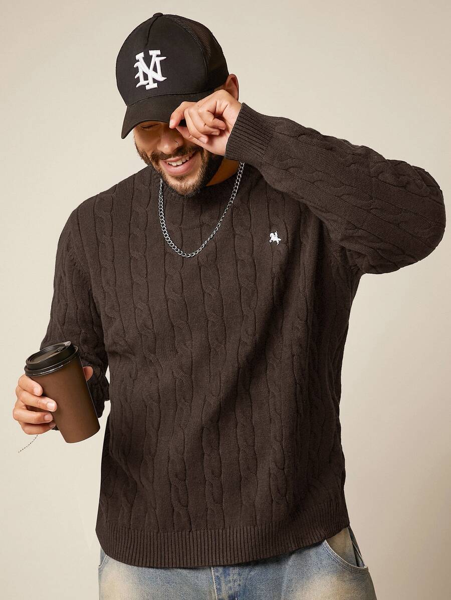 EASEVO Men's Plus Size Casual Long Sleeve Cable Knit Crew Neck Sweater - Coffee Brown - View 1