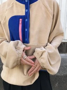 FRIFUL Women's Colorblock Casual Daily Wear Sweatshirt - Apricot - View 1
