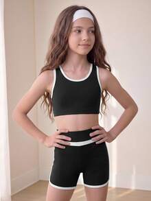 SHEIN 青少年女孩運動服 黑白針織運動套裝，柔軟圓領背心 + 收腹短褲，裸感、高彈性、寬鬆，Y2K夏季 - 黑色 - 查看 4