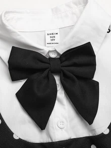 SHEIN 青少年女孩 2合1 黑色長袖襯衫領連身裙附領結，學院風制服返校穿搭 - 黑色 - 查看 4